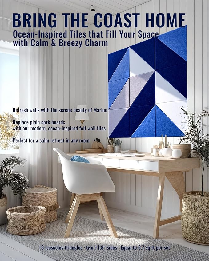 PebblingQ Felt Wall Tiles Bulletin Board, Marine Blue White Panels, Modular Decorative Boards for Home Office, Kids Room, Nursery, DIY Geometric Art Display, 18 Pack 11.8" Triangle Tiles (Marine)