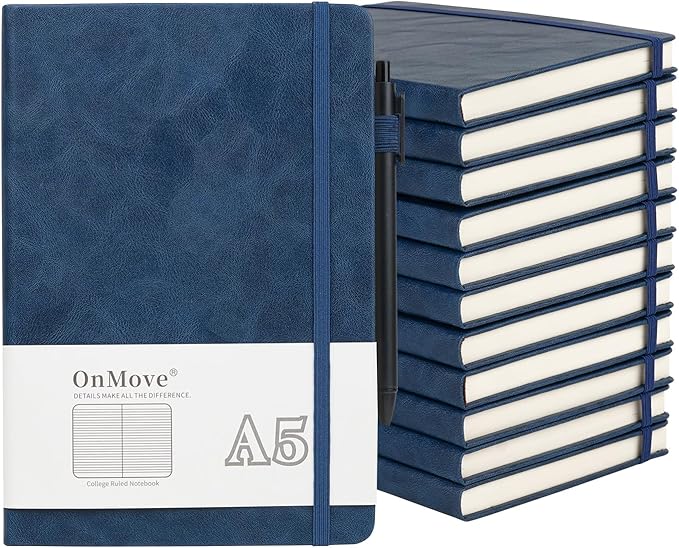 OnMove Notebooks Journal for Women Men 12 Pack Bulk Leather Hardcover with Pen Holder A5 160 Pages 100 GSM Thick Paper for Work School Lined Navy Blue