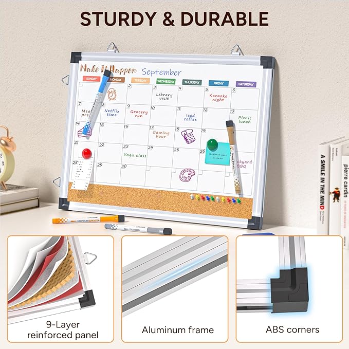 Monthly Dry Erase Board and Cork Board Combo for Wall, 17"x13" Reversible Hanging Dry Erase Board, Double Sided White Board with Aluminum Frame for Planning, Office, Kitchen, School, Home