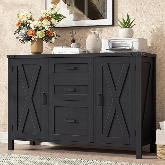 Vabches File Cabinet with 3 Drawers, Farmhouse Lateral File Cabinet Fits Files Letter/A4 Size, Wooden Filing Cabinet with Door and Adjustable Shelves Printer Stand for Home Office, Rustic Black