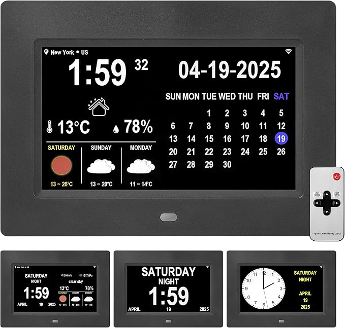 Memwake Digital Alarm Clock, Multiple Alarm Functions, Clock with Date and Day, Digital Alarm and Electronic Calendar for Seniors (White, 7 inch) (7-inch Black WiFi)