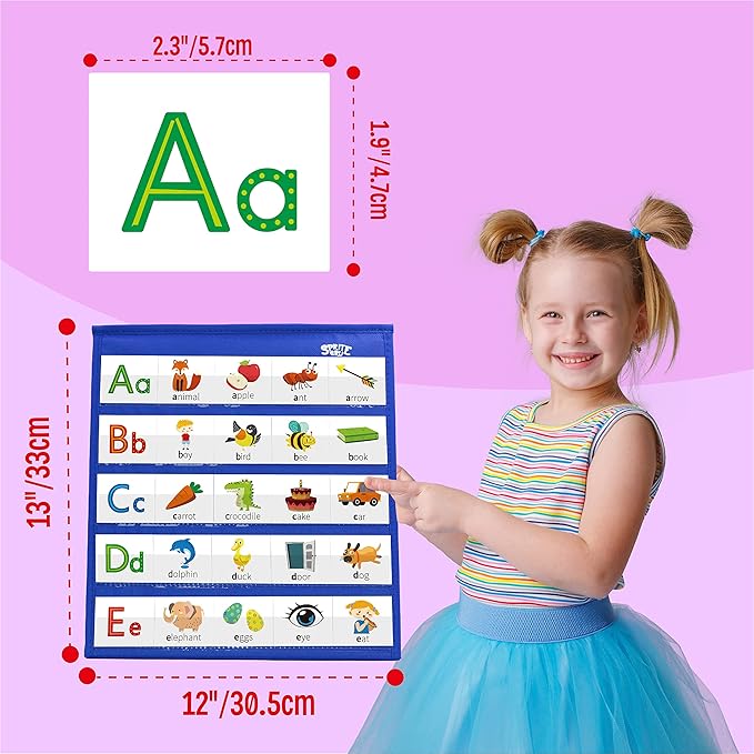 Desktop Pocket Chart, 120 Dry-Erase Double Sided Cards Includes 26 Letters with Images and 120 First Words, Self-Standing Tabletop Pocket Chart for Kids Teacher Classroom Home Use (13 X 12inch)