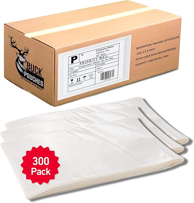 300 Pack 6"x9" Shipping Label Sleeves – Clear Self-Adhesive Packing Slip Pouches, Waterproof Packing List Envelopes – Ideal for Shipping Documents, Mailing Labels, Invoices & Packing Slips