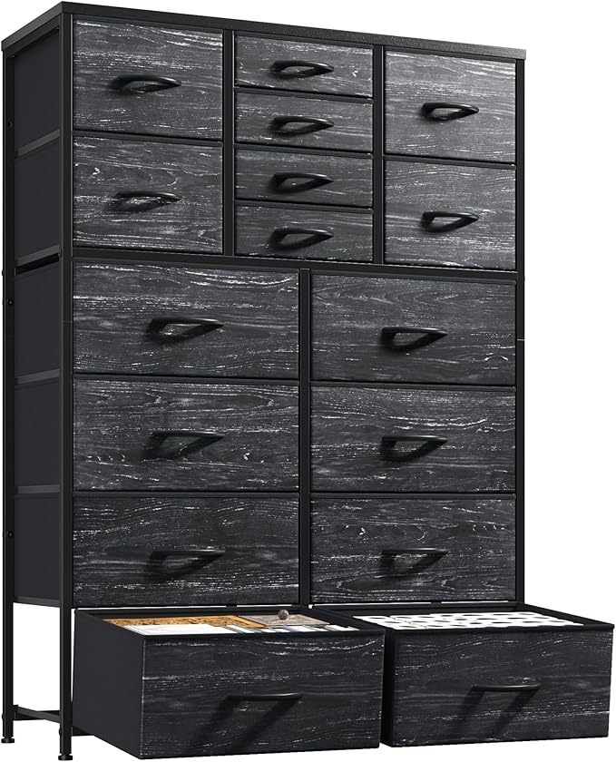 Romorgniz 57“H Dresser for Bedroom with Drawers, Fabric Dressers & Chests of Drawers, Large Black Dresser with Sturdy Metal Frame, Wood Top,Entryway, Hallway