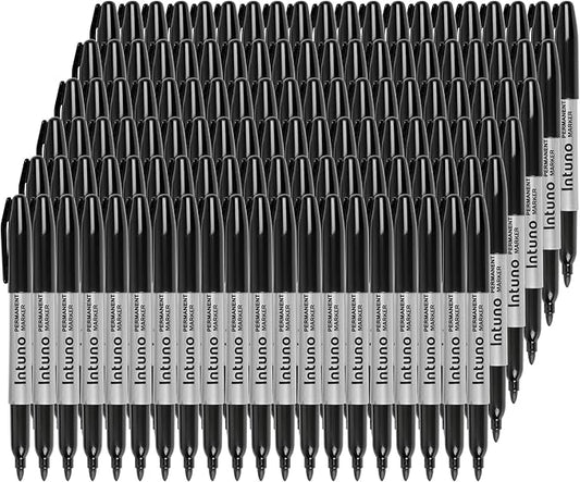 INTUNO Permanent Markers, 120 Count Black, Fine tip, Oil-Based Permanent Markers, Waterproof and Fade-Resistant, for Paper, Wood, Metal, Glass and More