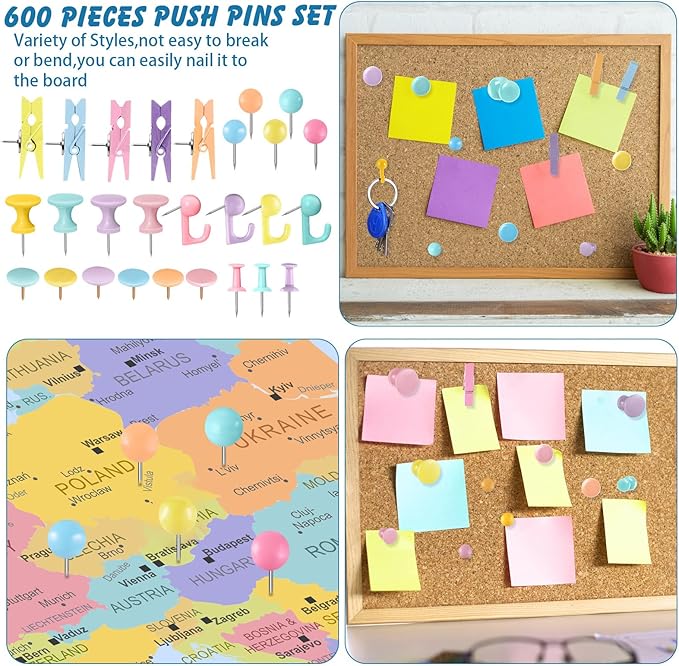600 Pcs Decorative Push Pins, Colorful Thumb Tacks 6 Types Cute Push Pin Clips for Bulletin Board Wall Cork Board Colorful Classroom Decor Teacher Must Haves Supplies School Crafts Project