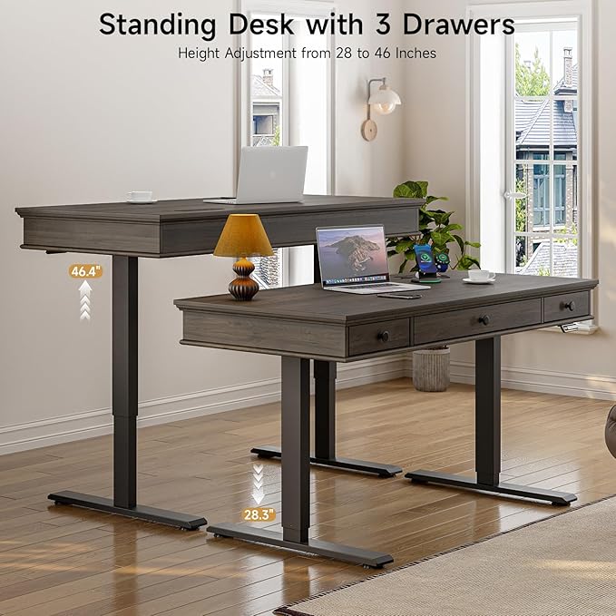 ONBRILL Standing Desk with Drawers, 55 x 23 Inch Electric Height Adjustable Desk with Storage & Outlets, for Computer Workstation, Home Office, Retro Curved Table Corner Design, Dark Walnut