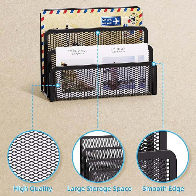 Marbrasse Mail Organizer for Desk, 3-Slot Mesh Metal Mail Holder countertop, Letter Holder, Office Desktop Envelope and Document Storage Rack (2P)