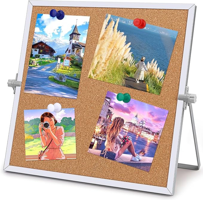 kdafio 11.81"×11.81" Cork Board Bulletin Board, Double Sided Pin Board with Silver Aluminum Border, Desktop Small Cork Board with Stand Suitable for Home, Office, Desk Message Board or Picture Board