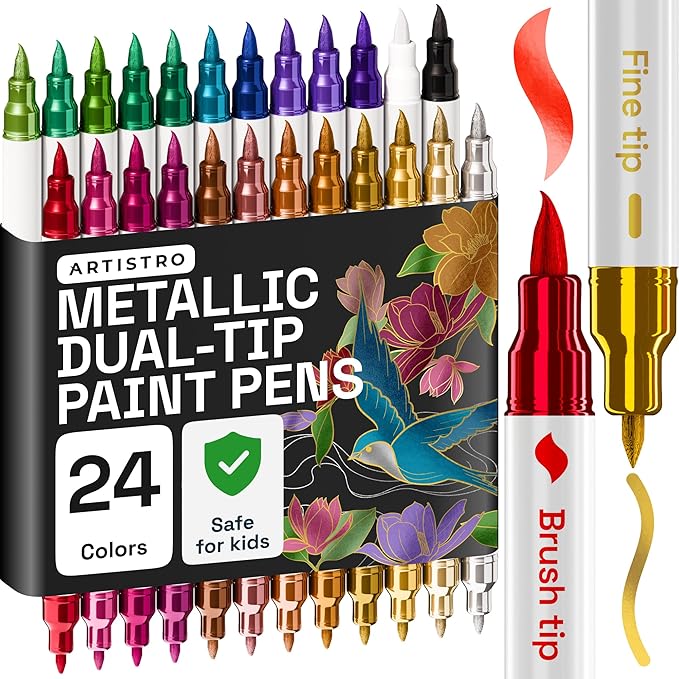 ARTISTRO 24 Metallic Acrylic Paint Markers - Paint Pens Dual Tip Brush + Fine Ideal for Calligraphy - Perfect for Fabric, Rock, Glass, Wood, DIY - Art Supplies, Stocking Stuffers, Christmas Gift Idea