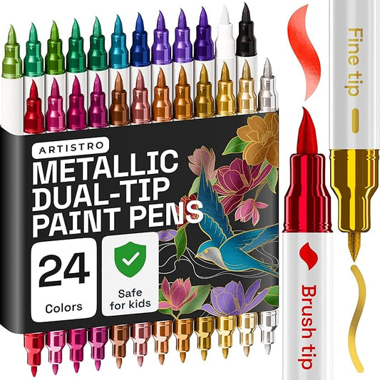 ARTISTRO 24 Metallic Acrylic Paint Markers - Paint Pens Dual Tip Brush + Fine Ideal for Calligraphy - Perfect for Fabric, Rock, Glass, Wood, DIY - Art Supplies, Stocking Stuffers, Christmas Gift Idea