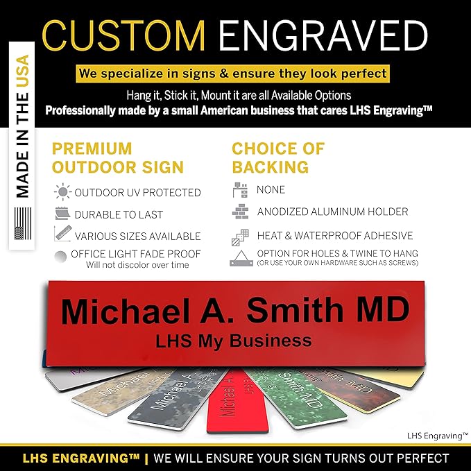Personalized Name Plate with Choice of Mounting Holders for Walls, Doors, Cubicles, Hanging and More - Custom Red Plastic Black Letters - USA Made 2x10 - B14