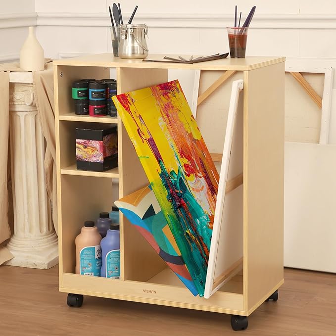 VISWIN Art Cart Organizer, Solid Pine Wood Art Supply Storage Organizer with Caster Wheels, 3-Tier Multifunctional Rolling Utility Storage Cart for Studio, Classroom, Artists - Natural