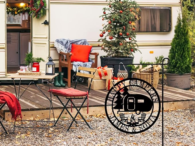 Personalized Happy Camper Metal Sign, Custom Happy Camper Yard Sign, Hanging Camping Sign, Camper Decor, RV Decor, Custom Campground Sign, Personalized Campground Gift
