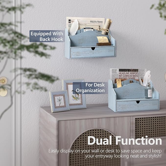 Rebee Vision Pine Wood Mail Organizer for Desk - Vintage Farmhouse Style Mail Organizer with Drawer & Dividers - 4-Slot Paper & Jewelry Sorter, Desktop Organizer for Exquisite Home Decor (Blue)