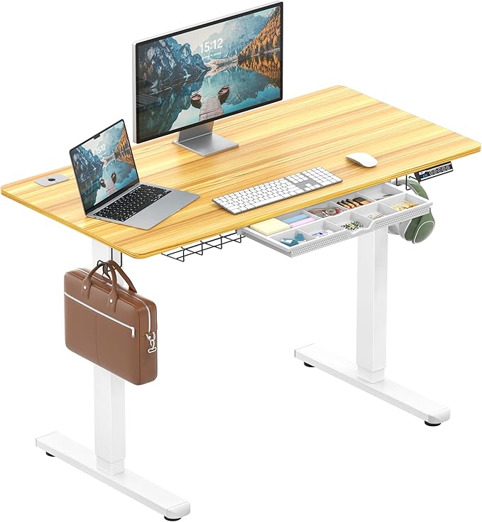 SHW 48-Inch Electric Height Adjustable Standing Desk with Drawer, Memory Preset and Cable Management Tray, Oak