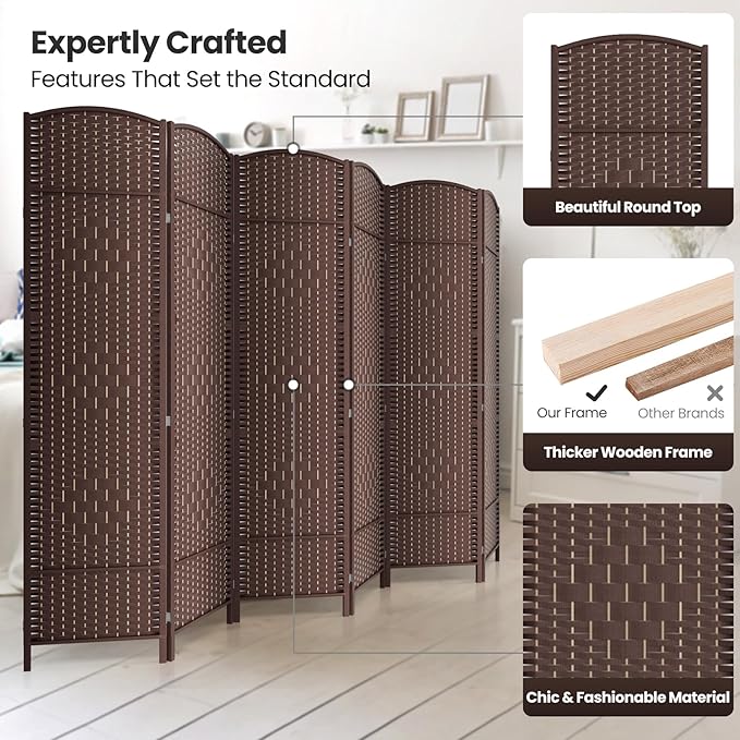 Cocosica 6 Panel Room Divider,6Ft Folding Privacy Screen,Tall - Extra Wide Foldable Panel Partition Wall Divider with Diamond Double-Weaved Hand-Woven Design Room Screen Divider