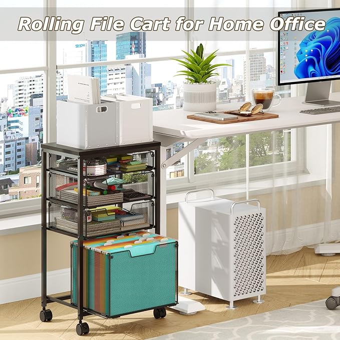 Sbanmao Rolling File Cart with 4 Storage Drawers, Filing Cabinet for Home Office, Hanging File Folder Organizer with Wheels Under Desk, Utility Craft Cart Printer Stand, Black, Patent Pending