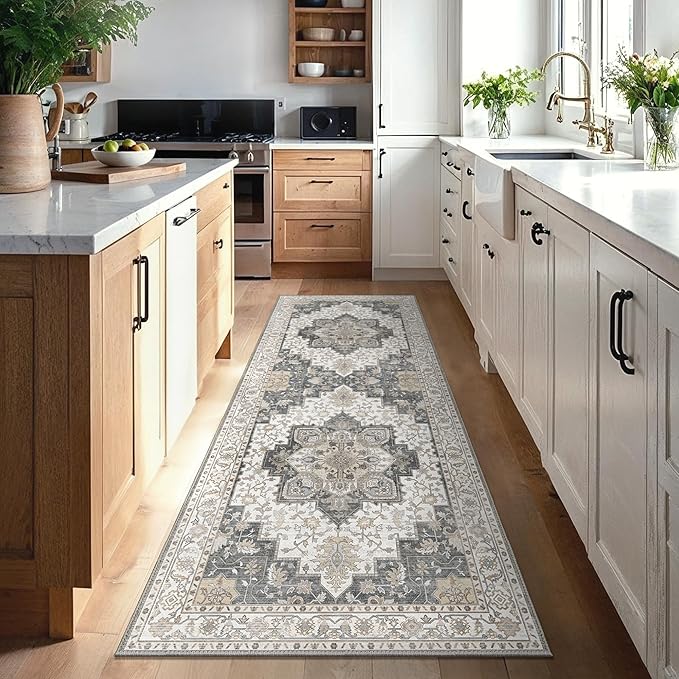 GENIMO 2'6"x6 Runner Rugs for Hallway, Machine Washable Non Slip Vintage Rugs, Low Pile Lightweight Soft Print Rug for enrtyway, Corridor, Home Office, Kitchen, Heathered Grey