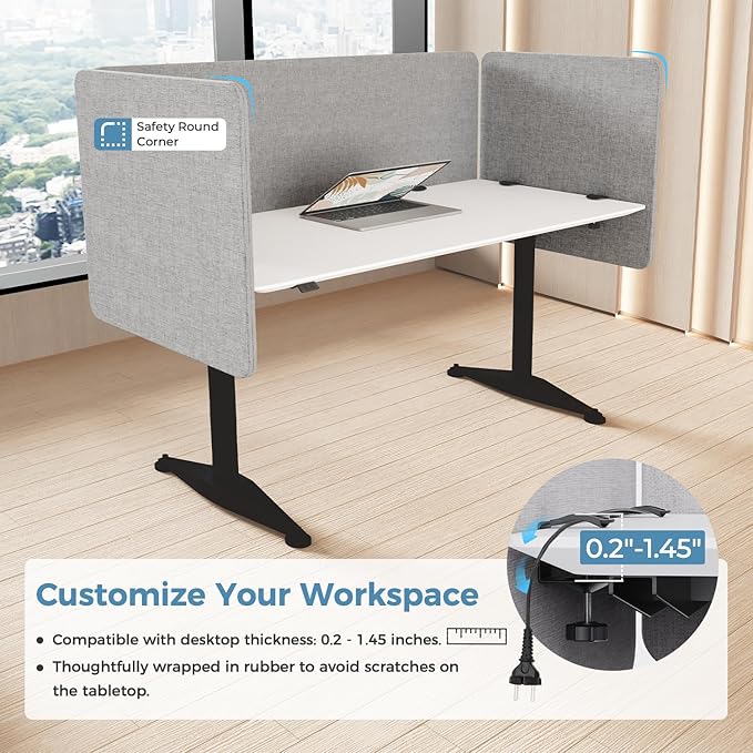 MORDEER 47.2 Inch Desk Divider Panels Set, Acoustic Divider Panel for Privacy, Fabric Wrapped Room Dividers for Office, Easy Assemble, Light Grey
