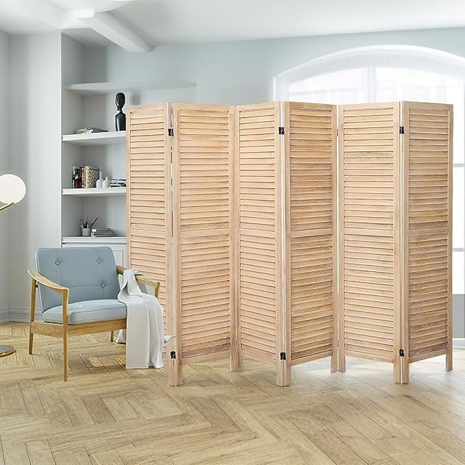 6 Panel Room Dividers and Folding Privacy Screens, Divider for Room Separation, Wood Louvered Divider Wall, Wooden Partition for Home Office Bedroom (Natural)