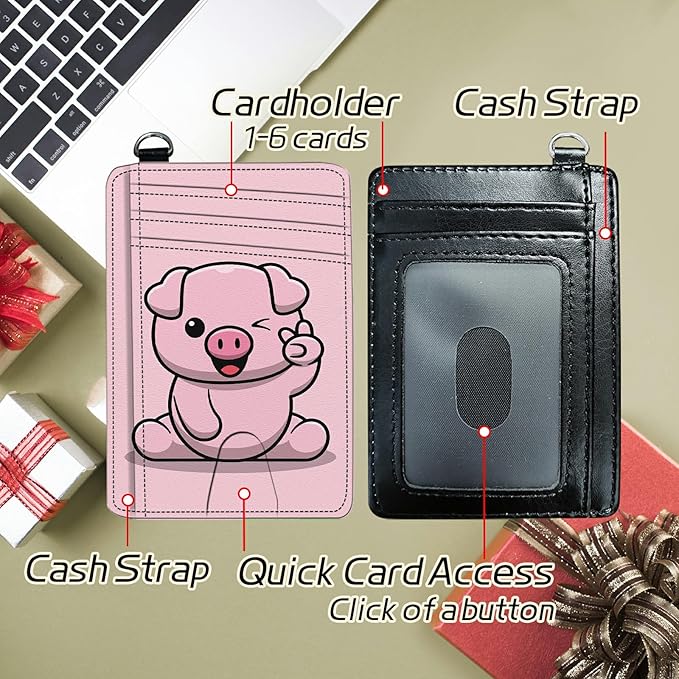 BWEGRHE Small Travel Wallets, Pink Pig Slim Minimalist Front Pocket Wallet with Wristlet, RFID Blocking PU Leather Credit Card Holder with ID Window Change Purse for Men Women