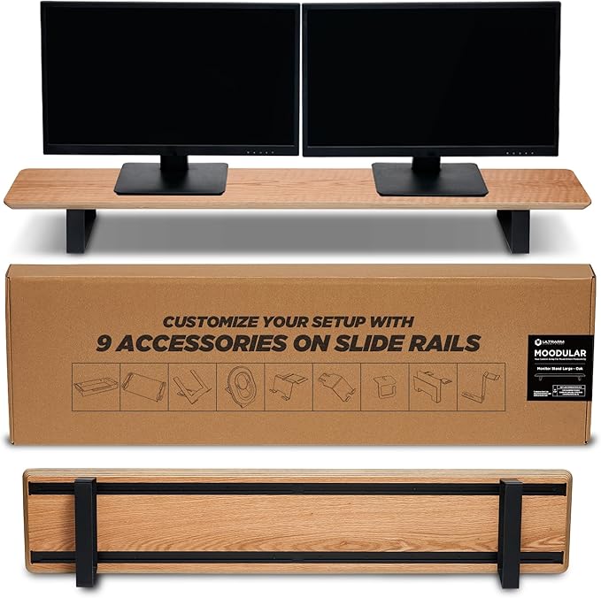 ULTRARM Moodular Wooden Monitor Stand 45.6” (116cm) Large Desk Organizer with Metal Slide Rails for Drawer, Tray, Laptop, Tablet, Phone & Headphones Customizable Riser for Organized Workspace Oak