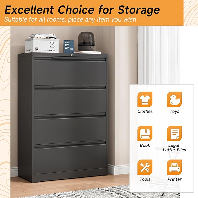Bestoo 4-Drawer File Cabinet with Lock, Metal Filing Cabinet for Home Office, Lateral Filing Storage Cabinets, Fits File Folders, Letter/Legal/F4/A4 Sizes, Assembly Required (Black)