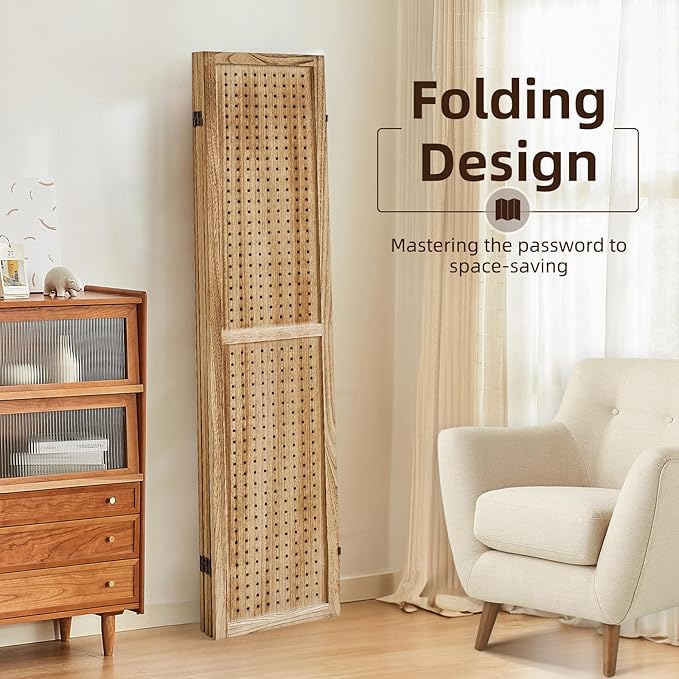 Aleesing 4 Panel Pegboard Display with 16 Hooks, Wooden Room Divider Wall and Folding Privacy Screens, Partition Room dividers, Pegboard Room Divider, Jewelry Store, Bedroom, Balcony, Light Brown