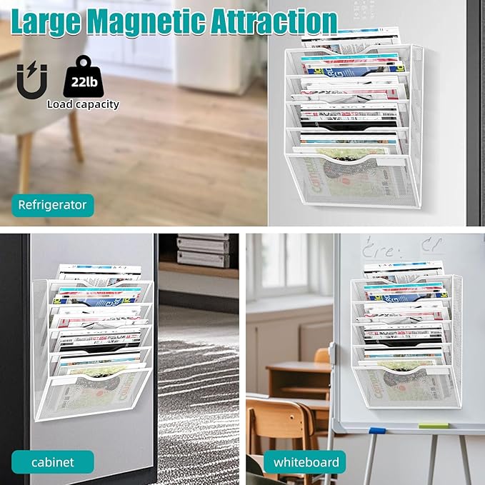 LQPAFZ 5-Tier Magnetic File Organizer, No Drilling Installation, White Magnetic Paper Holder, Magazine Rack for Refrigerator and File Cabinets