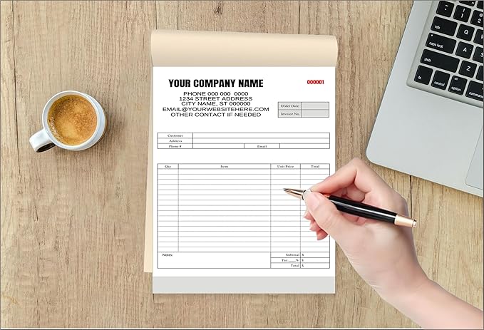 Custom Carbonless Invoice Book with Logo, Personalized Cover & Inner Pages, 2 Part NCR Receipt & Work Order Forms, Easy Tear, Writing Shield for Small Business (2-Part [White/Red], 7.48 x 5.12INCH)