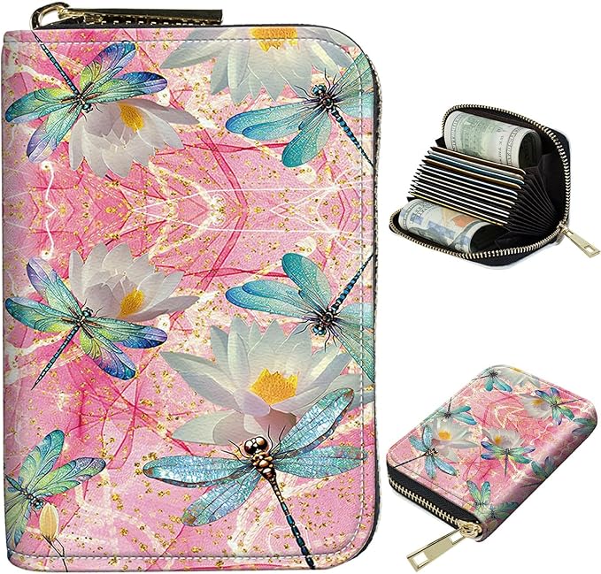 BWEGRHE Cute Credit Card Holder with Zipper, Pink Dragonfly RFID-Blocking Card Case Small Wallet for Women Men, Multi-slot Card Organizer Case Travel Accordion Wallet