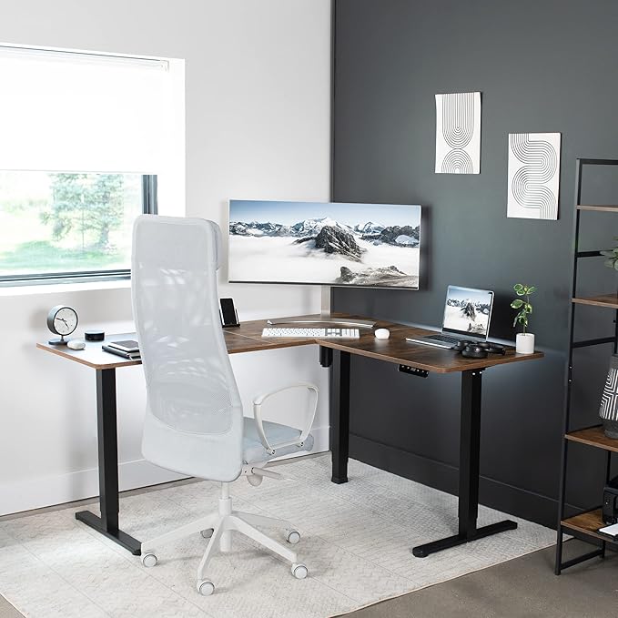 VIVO Electric Corner 63 x 55 inch L-Shaped Standing Desk, Memory Height Adjustment, Rustic Vintage Brown Top Black Frame, DESK-E3CTN