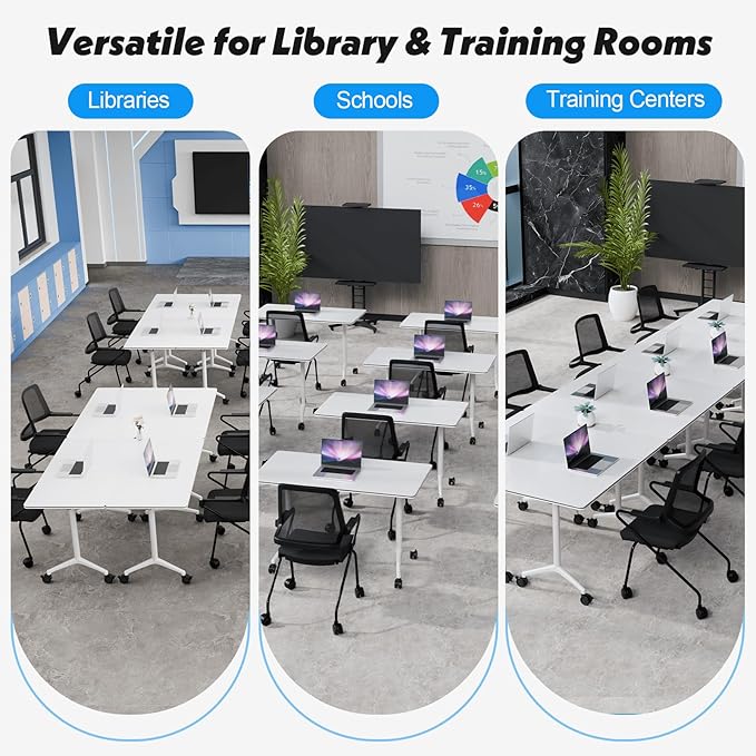 Goakwwuz Conference Room Table, Folding Conference Tables,Thicken Grey Tabletop,Flip Top Wooden Seminar Meeting Room Table for Conference Room Offices (8, White, 61.0“)