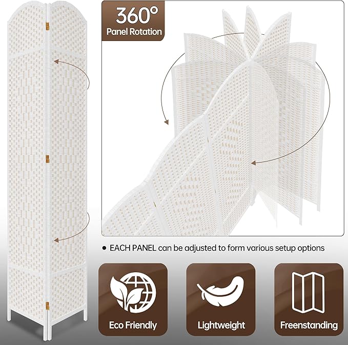 DURASPACE 8 Panel Room Divider, 6ft Tall Folding Privacy Screen, 19.5" Wide Panels, 360°Rotation, Hand-Woven Freestanding Wood Partition for Room Separation