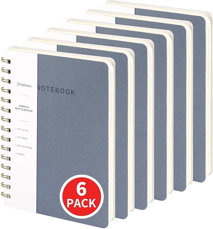 Spiral Notebook-5.75" x 8.125" College Ruled Journal with Inner Pockets and 160 Pages,PU Leather Cover Business Journal, Twin-Wire Binding Notebook Perfect for Office & Home School Supplies 6 pack Reefblue