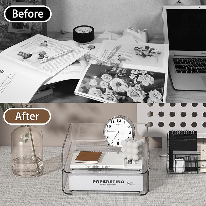 FANXIYQ 2-Tier Acrylic Paper Tray Organizer - Low-Profile Desk File Sorter for Office/Home, Clear Stackable Letter Tray for Bills, Crafts, Notebooks