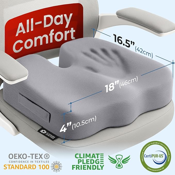 5 STARS UNITED Seat Cushion for Tailbone Pain Relief – Memory Foam Cushion for Coccyx, Hip, Sciatica & Post-Surgery Recovery – Wheelchair, Car, Desk, Gaming & Office Chairs, Light Gray, X-Large