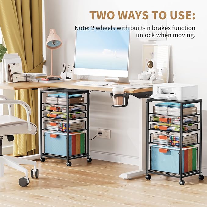 Marbrasse Rolling File Cart with 4 Storage Drawers, Mobile File Cabinet on Lockable Wheels, Hanging Filing Cabinet Organize, Under Desk Utility Cart for Home Office