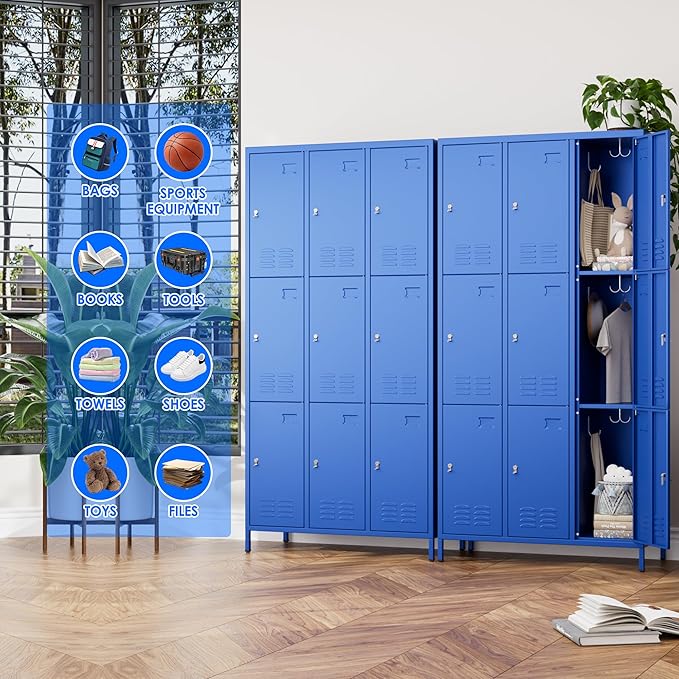 SUPEER 9 Doors Metal Locker for Employees with 27 Hooks and Business Card Holder,Metal Locker with Ventilation Holes for School Garage Office Gym Home,Assembly Required,Blue