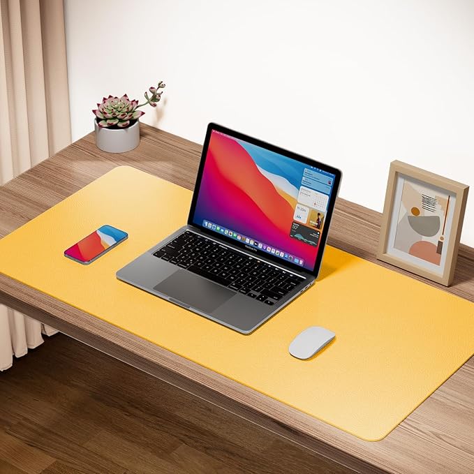 Boutilon Leather Desk Pad Protector,Non-Slip Mouse Pad,Laptop Desk Pad,Office Mouse Mat,Waterproof Leather Desk Blotter,Desk Writing Pad for Office and Home (XXL-Yellow,47.2"x 17")