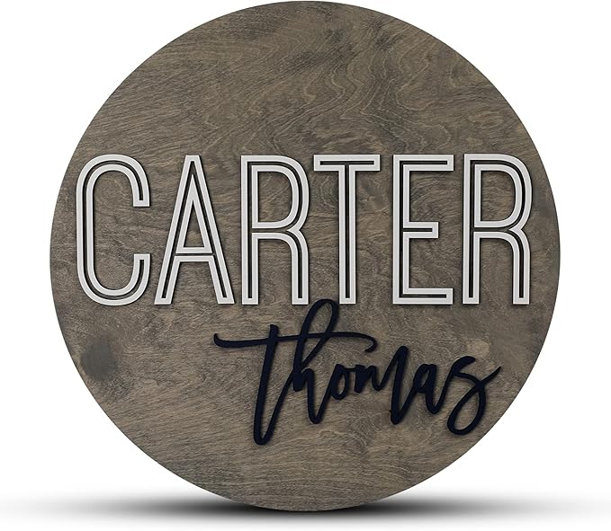 Custom Round Nursery Name Sign, Personalized Wooden Wall Plaque, 12" 18" 24", 30" 3D Wall Art for Children & Kids Rooms, Baby Shower, Hickory Hollow Designs (Carter Thomas)