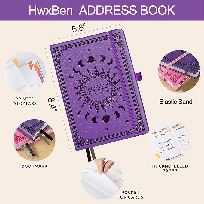 Address Book with Colorful Alphabetical Tabs (8.4" x 5.7") – Hardcover Contact Organizer for Website Passwords, Telephone, Software Licenses, and Important Information – Purple
