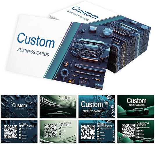 Custom Business Cards - Customizable Logo/Text/QR Code, 300gsm Matte Paper Front & Back Sides Printed, for Auto Repair Stores, Car Rental Stores