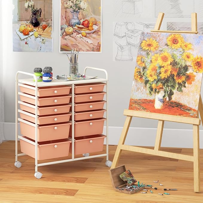 Giantex 12 Drawers Rolling Storage Cart, Classroom Organizers with Wheels for Tools Scrapbook Craft Paper Teacher Office School Supplies (Peach Fuzz)