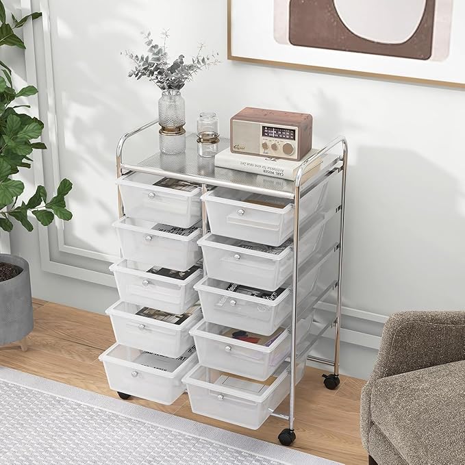 LDAILY 10 Drawer Rolling Cart, Storage Cart Organizer on Wheels, Drawer Cart with Metal Frame & Large Storage Capacity, Rolling Cart with Drawers for Living Room Classroom, Office