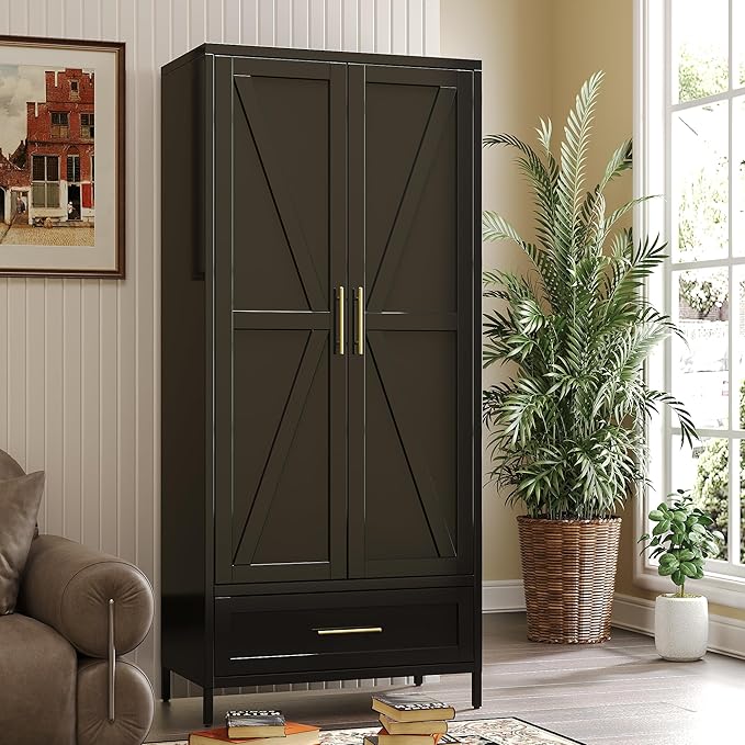 SUPEER Metal Wardrobe Cabinet with 1 Drawer and Hanging Rod, 70.9" H Metal Armoire Wardrobe Closet with Adjustable Shelf for Bedroom, Laundry Room, Home,Office,Installation Required,Black