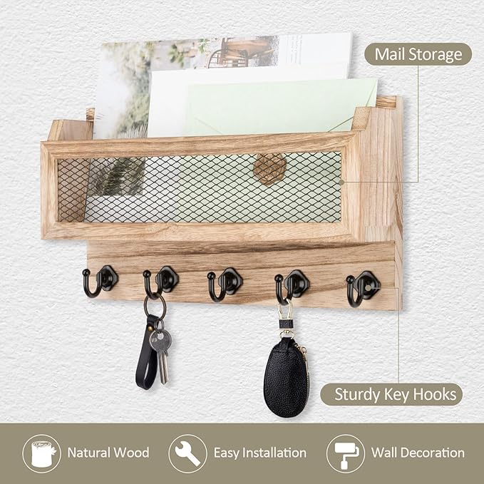 Nekon Mail and Key Holder for Wall Decorative, 11 Inch Wooden Wall Key Organizer with 5 Key Hooks, Wall Mount Storage Shelf for Entryway Hallway (Wood)