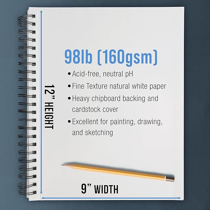U.S. Art Supply 9"x12" Mixed Media Sketchbook, 2 Pack (60 Sheets), 98 lb (160 GSM) - Spiral-Bound Pad with Perforated Acid-Free Paper - Artist Sketch Book for Drawing, Painting, Watercolor