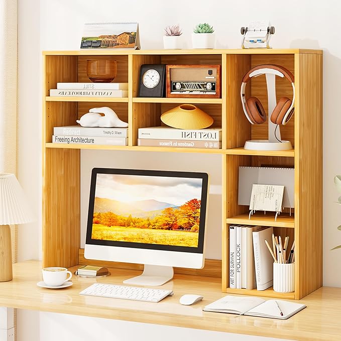 Tangkula Desktop Bookshelf, 37" Countertop Storage Hutch with 7 Cubes & 3 Adjustable Shelves, 3-Tier Desk Display Rack Organizer, Multipurpose Wood Desktop Hutch for Dorm Home Office (Burlywood)